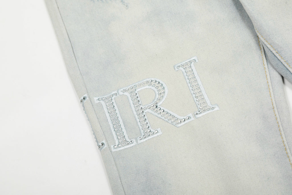 Amiri | Crystal Embellished Distressed Jeans | White